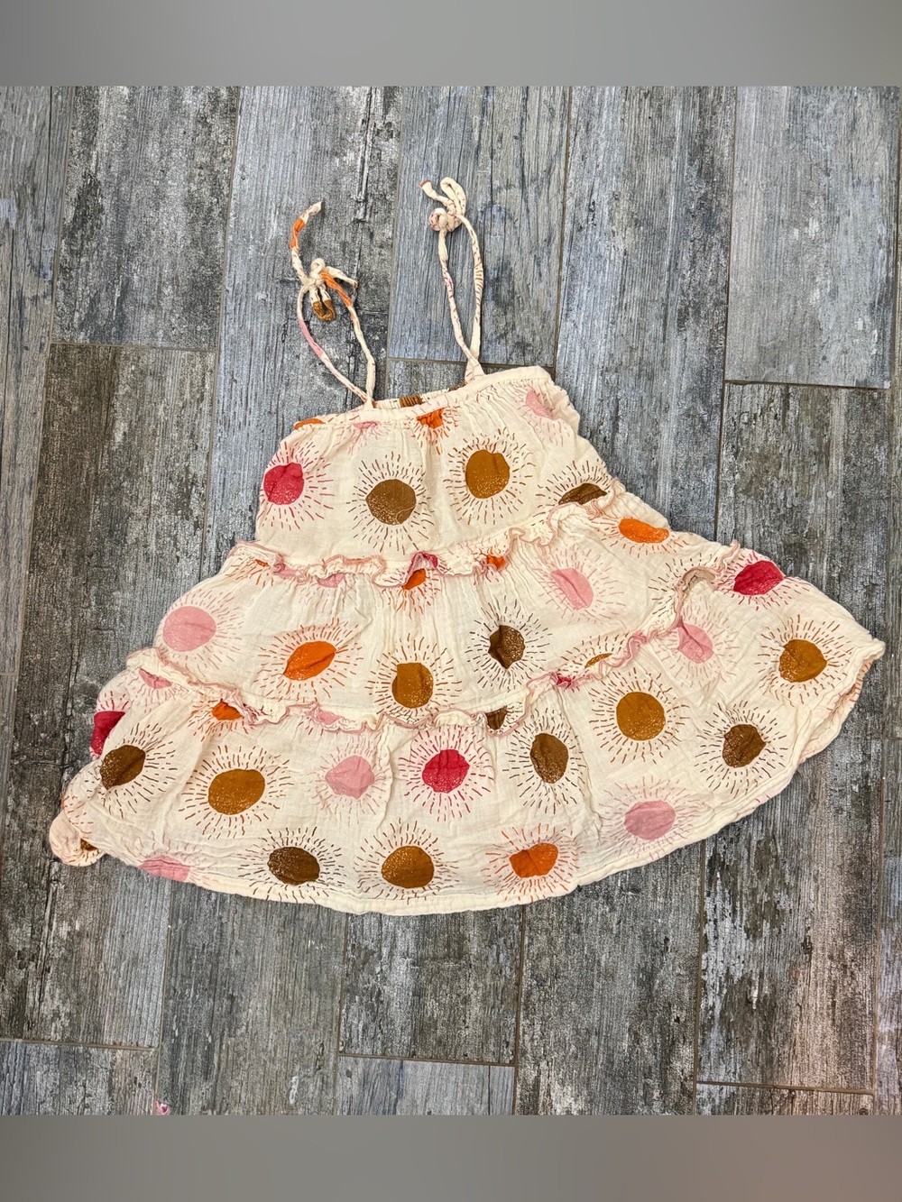 Pink Chicken Tiered Sunburst Sundress - Cream with Pink, Orange & Brown Dots